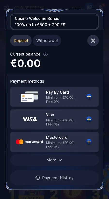 Cazeus cashier deposit tab with payment methods
