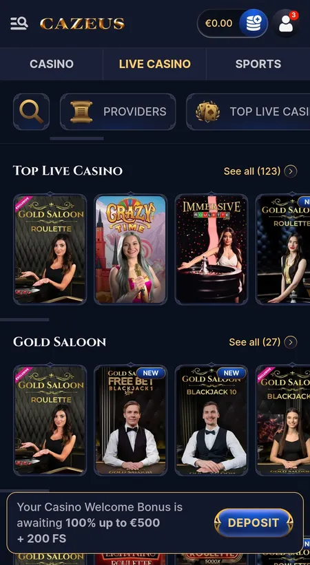 Cazeus live casino lobby on mobile