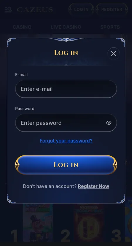 Cazeus login modal with email and password fields