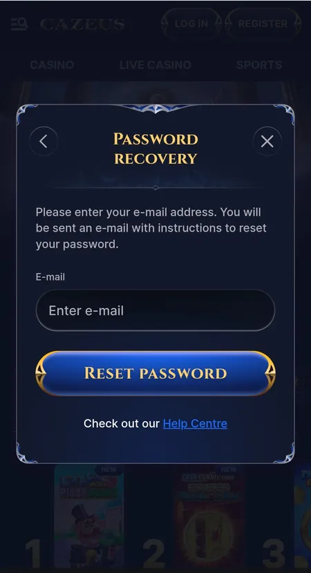Password recovery screen on Cazeus