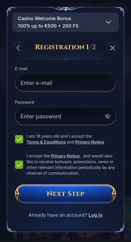 Cazeus registration form step one