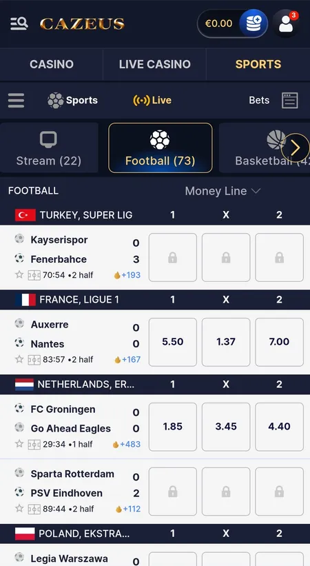 Cazeus sportsbook live betting interface on mobile